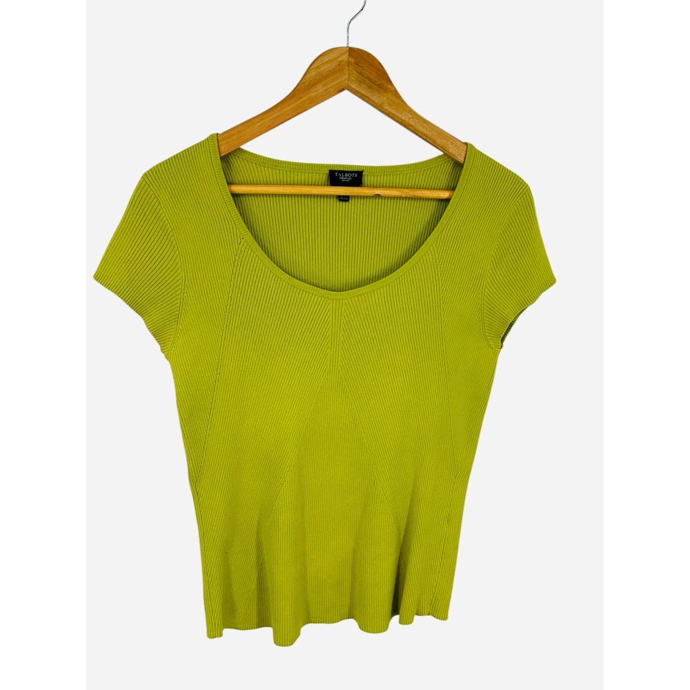 Talbots Pima Cotton Ribbed Knit Scoop Neck Top Lime Green Large Petites‎